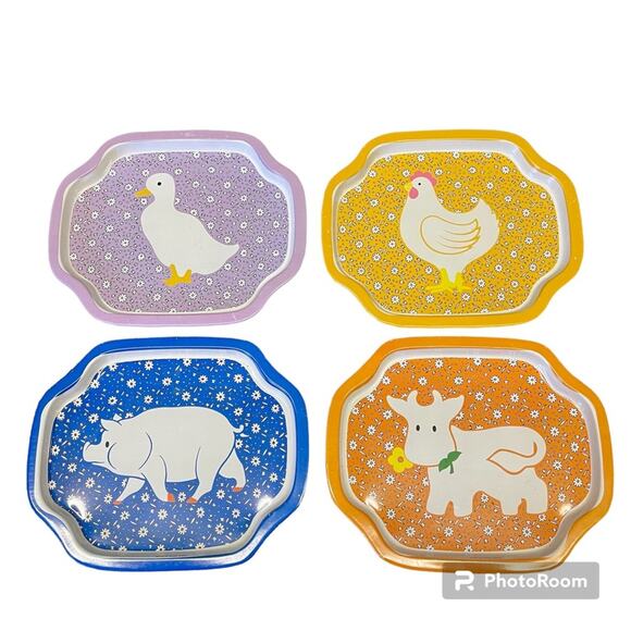Vintage Tin Tray Set Cottagecore Pig Chicken Duck Cow 70s Kitchen Decor Retro - Picture 1 of 6